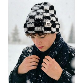 CLAPE Womens Cute Slouchy Beanies Hats, Winter Warm Chunky Checkered Beanie Large Cuff Knitted Hat Ski Cap for Cold Weather