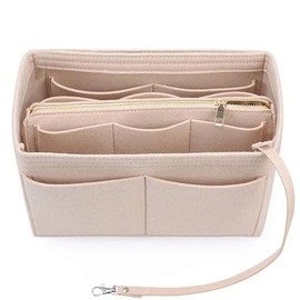 WUZIA 2-in-1 Felt Handbag Organizer Insert with Detachable Cosmetic Pouch Medium Beige Purse Organizer with Zipped Compartments & Keychains