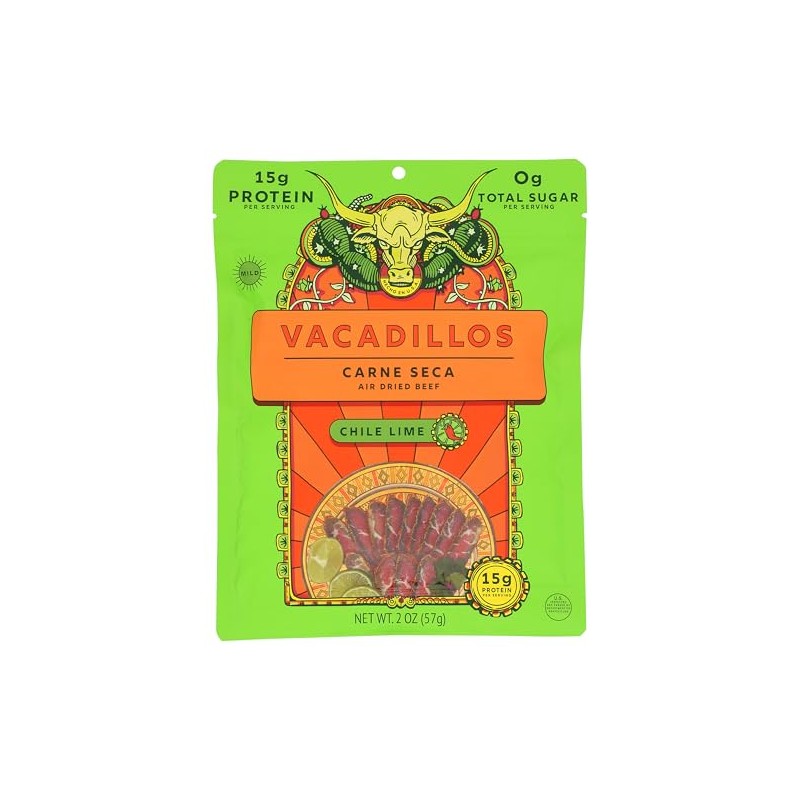 Vacadillos Air-Dried Beef Jerky Carne Seca, Chile Lime 3 Count