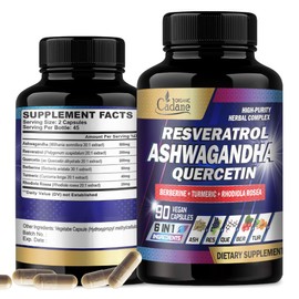 Organic Cadane Ashwagandha Supplements - 6 Premium Ingredients with Resveratrol, Quercetin, Berberine, Turmeric, Rhodiola Rosea - 90 Extract Capsules