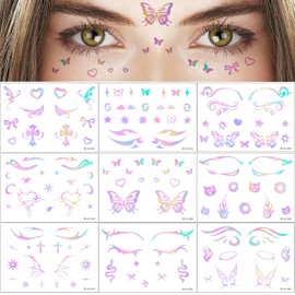 Qpout 9pcs Holographic Makeup Tattoo Stickers,Laser Gradient Eye Face Body Art Temporary Tattoos for Women Girls Music Festivals Nightclubs Carnival Birthday Party Decoration