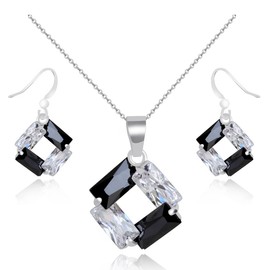 Crystalline Azuria Black and White Zirconia Crystals Rhombus Set Pendant Necklace 18" Dangle Earrings 18 ct White Gold Plated