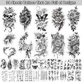 Acevegue 34 Sheets Fake Tattoos, Temporary Tattoo for Sticking, Women's Tattoos, Adults, Waterproof, Body Makeup Tattoo, Festival Accessories