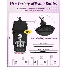 OffiEase Water Bottle Holder Carrier Bag for Ion8 OWALA CamelBak, Water Bottle Sleeve with Adjustable Shoulder Strap Phone Pocket for Walking Hiking Travelling Camping (Black Skull)