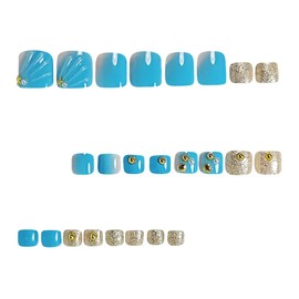 Summer Press on Toenails Ocean Shell Fake Toenails Blue White False Toes with Design Star Glue on Toe Nails Glossy Artificial Acrylic Full Cover Gold Glitter Stick on Toenails for Women Manicure 24Pcs