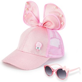 Children's Baseball Cap Sunglasses for Girls, Cartoon Baseball Cap with 3D Rabbit Ears, Mouse Ears, Large Bow Adjustable Snapback Cap, Summer Baseball Cap with Breathable Mesh Sun Hat Girls, pink