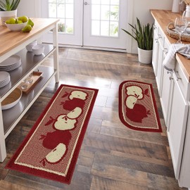 Marina Decoration Decor Luxury Non-Slip Rubber Backing Safety Ultra Water Absorbent Soft Durable Woven Fluffy Runner Area Carpet Floor Mat Indoor Kitchen Rug, Red Apple Design 2 Pieces Set