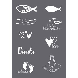 Rayher 45134000 Set of Mask Stencil and Craft Squeegee for Paper Crafts, Card Making and Painting, Reusable Silk Screen Template with Designs for Wedding, Baby, Baptism and More Occasions, 14.8x21cm