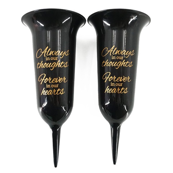 Set of 2 Black and Bronzed Gold Forever in Our Hearts Fluted Spiked Memorial Grave Flower Vases