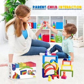 BOZE SUPOD Wooden Toys, Montessori Toys for Kids 3 4 5 6+Years Old Boys Girls Rainbow Stacking Blocks Set Preschool Activites Educational Toy Gifts for Toddler-19PCS