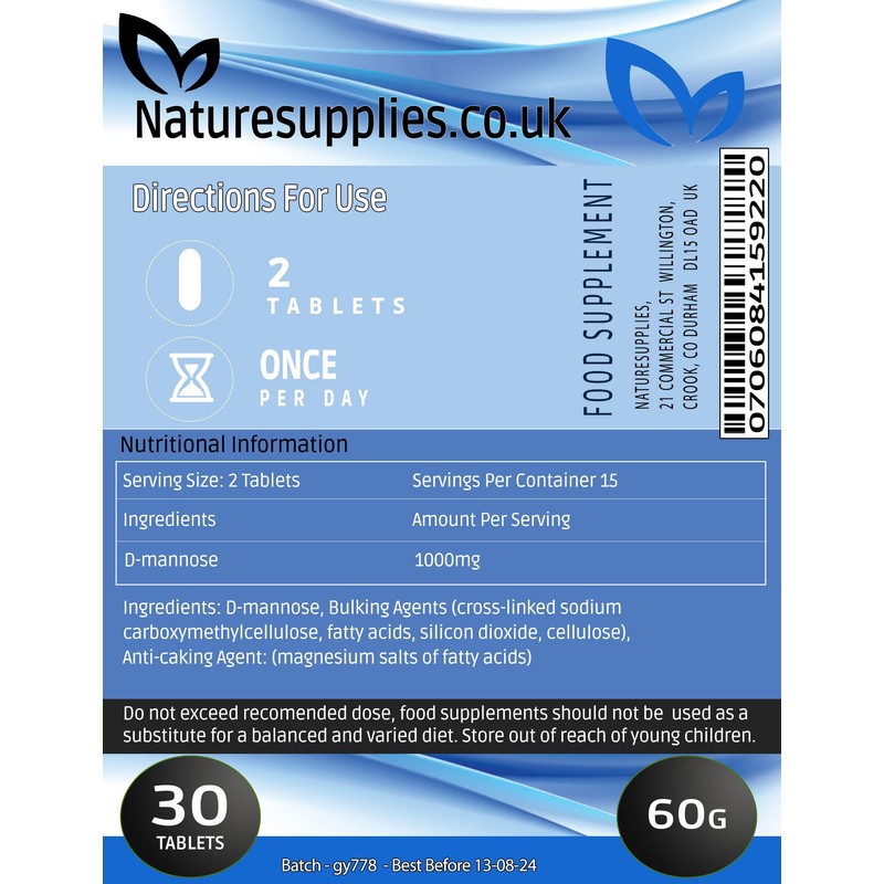 Naturesupplies D-mannose Tablets 30 X 1000mg - Vegan and Vegetarian