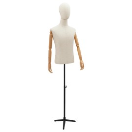 Male Mannequin Dress Form Torso, 53-76In Adjustable Dress Mannequin Body Linen Surface with Stand, Clothing Mannequin with Wooden Arms for Clothing Retail Sewing Shop (Linen+Black, 53-76In)