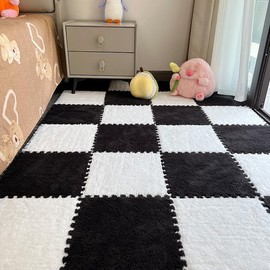 12pcs Carpet Squares Puzzle Floor Mat, Plush Interlocking Carpet Tiles, Anti Slip EVA Foam Jigsaw Floor Tiles, Build A Safe Area for Bedroom Playroom (White+Black)