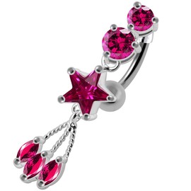 Red CZ Crystal Stone Two Round with Star and Leaf Dangling Reverse Bar 925 Sterling Silver Belly Ring Body Jewelry