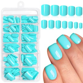 AddFavor Turquoise Press on Nails Short Fake Nails, 240pcs Acrylic Nails Press ons False Nails Short Press on Nails Square Glue on Nail Presson with Adhesive Tab for Women Fingernail Girls Kid