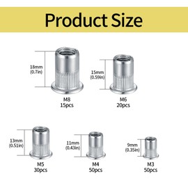 165 Pcs Rivet Nuts Set, Threaded Insert Nutsert, M3 M4 M5 M6 M8 Stainless Steel Flat Head Nutsert Rivnuts, Threaded Insert Blind Rivet Nuts Assortment Kit for Metal, Wood, Aluminium