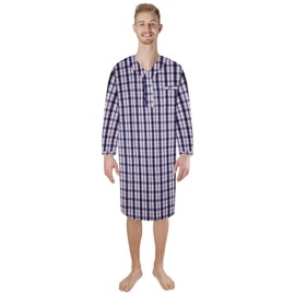 Men's Woven Nightshirt Gown Long Sleeve V-neck Cotton/Poly Front Snaps Nightwear Comfortable Pajama sleepwear - Blue Red | Medium