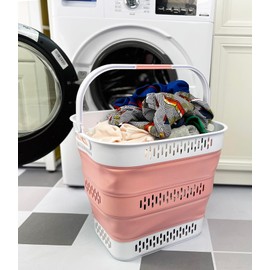 SAMMART 40L (10.5 Gallon) Collapsible Plastic Laundry Basket with Handles - Foldable Pop Up Storage Container/Organizer - Portable Laundry Hamper - Space Saving (1, Grey/Quartz Pink)