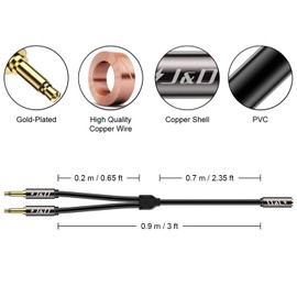 J&D 3.5mm TRS Female to Dual 3.5mm TS Male Y Splitter Cable, Stereo to Mono Breakout Adapter for Headphones, Speakers, Audio Interface, 3ft