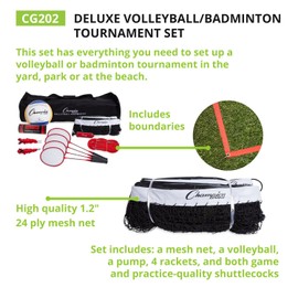 Champion Sports CG202 Volleyball & Badminton Set: Net, Poles, Ball, Rackets & Shuttlecocks, Portable Equipment for Lawn, Beach & Tournament Games