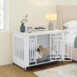 YITAHOME Dog Crate Furniture, Heavy Duty Dog Cage, Wooden Side End Table with Wheels, Chew-Resistant Metal Dog Kennel with Removable Tray, Dog House Indoor for Small Medium Dogs, White
