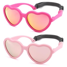 Pro Acme Kids Heart Sunglasses with Strap Polarized TPEE Rubber Flexible Frame Lovely Sun Glasses for Girls Boys Age 3-8, Small, D2-pink Mirrored+rose Red