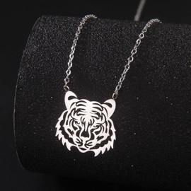 VASSAGO Tiger Animal Pendant Necklace for Women Girls Stainless Steel Cute Africa Lions Tiger Face Necklaces Dainty Hollowed Charm Jewelry Gift (Steel)