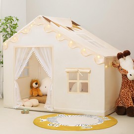 PIIKAGO Kids Play Tent with Mat - Kids Tent Indoor with Star Lights and Flags, Toddler Tent for Kids Ages 3-8, Toddler Playhouse for Girls Boys, 57" x 35" x 47" (Beige)