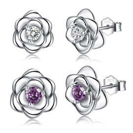 Sterling Silver Stud Earrings for Women, 2PCS Silver Flower Purple Cubic Zirconia Hypoallergenic Helix Cartilage Earrings Jewelry Gifts for Girls