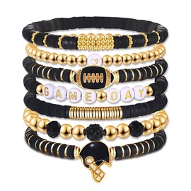 Game Day Bracelets for Women Football Bracelets Purple White Heishi Beaded Stretch Bracelets Stackable Sports Football Charm Bracelet Bangles Football Mom Accessories Outfits Jewelry Gifts (Purple 1)