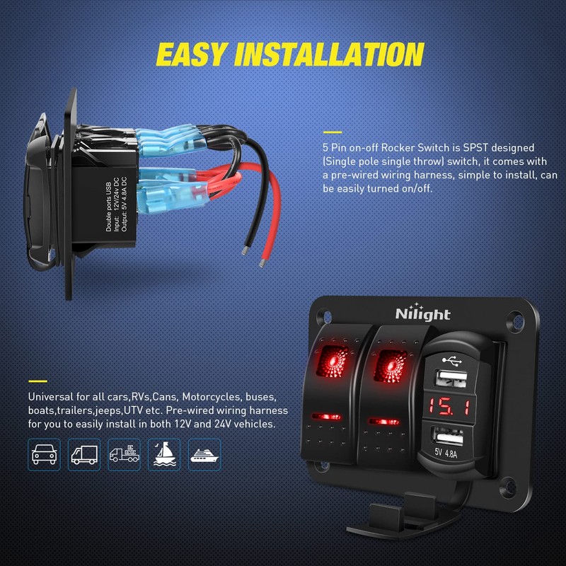 Nilight 2 Gang Rocker Switch Panel Red Backlit with 4.8