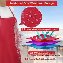 SHEOMERN 3 Pcs Dual Waterproof Long Apron, Anti-Tear Lightweight Cloth Apron for Dishwasher Dish Washing Dog Grooming Lab Cleaning Kitchen Chef Cooking BBQ Painting Butcher for Women & Men (Red)
