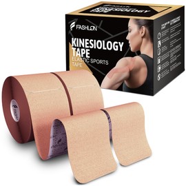 FASHLON Kinesiology Tape with Ultra-Breathable Synthetic Fabric (2 Rolls, 40 Precut Strips, Safe for Sensitive Skin) Elastic Bandages, Hypoallergenic Physio Tape Athletic Tape (Beige)