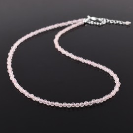 InfinityGemsArt Natural Rose Quartz Gemstone Full Beads Dainty Choker Necklace Jewelry Gift for Women, Birthstone, Energy Healing Crystals, Rhodium Plated 925 Sterling Silver 18 inch