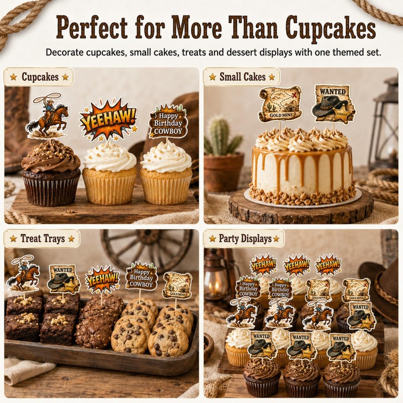 ALISSAR 36 Pcs Western Cowboy Cupcake Toppers, Birthday Party Decor