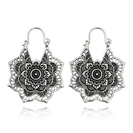 Vintage Mandala Flower Drop Dangle Earring for Women Girl Tribal Hollow Floral Pendant Earrings (Silver)