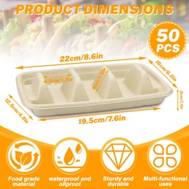 Disposable Taco Holder, Paper Taco Plates with 3 Dividers, Fiesta Tray Stand, Compartment Bar Serving Set for Tuesday Supplies (Pulp Fiber, Beige) (50 Pieces)