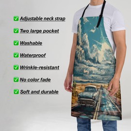 Turamurra Vintage Car Route 66 Apron for Women, 28x33in, Kitchen Chef Aprons with 2 Pockets, Polyester, Classic Car Apron for Cooking BBQ Baking Gardening Chef, Gifts for Mom Wife Dad