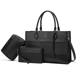 Keyli 3pcs Sets Laptop Bag for Women,15.6 Work Tote Bags Waterproof Leather Business Computer Briefcase with Clutch Purses Casual Shoulder Handbag Messenger Bag for Travel Office Black