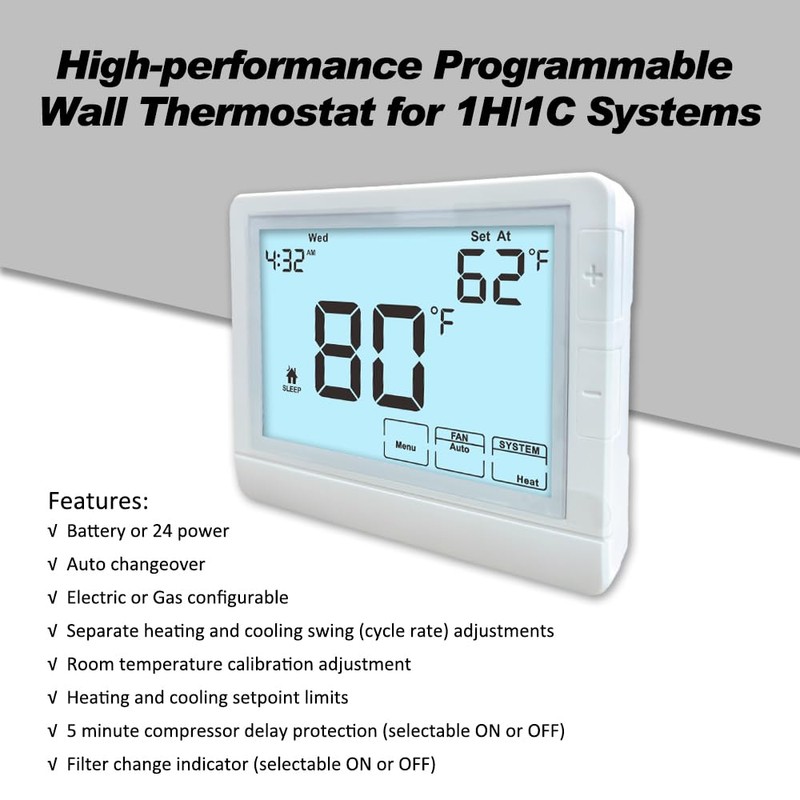 Programmable Thermostat for Home, Single-Stage Systems,1 Heat/1 Cool,7 Day, 5/1/1