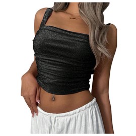 SweatyRocks Women's Sparkle Glitter Cropped Tank Top Backless Fitted Sleeveless Party Tops Black Medium