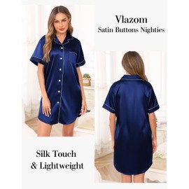 Vlazom Women's Satin Nightshirt Button Down Silk Nightdress Short Sleeve Nighties Boyfriend Sleepshirt Notch Collar Sleepwear Dark Blue,XL