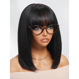 Julia Hair 10 Inch Light Yaki Straight Bob Wig with Bangs Human Hair Glueless 2x4 HD Lace Realistic Short Black Ready to Wear Blunt Cut Bob Wigs Natural for Black Women Beginner Friendly