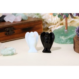 DUQGUHO 2 Pcs Crystal Angel Statues Black Obisdian Opal Pocket Angel Figurines Healing Crystal Stones Guardian Angel Light Crystal Decor for Home Living Room Crystal Decoration Mothers Day Gifts 1.5"