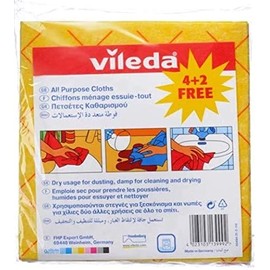 Vileda All-Purpose Cloth 4+2Pcs, Powerful Cleaning, Water-Absorbent, Durable - Yellow 6 Pcs Per Pack