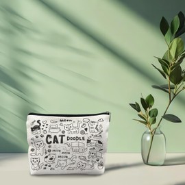 NATSUNO Cat Makeup Bag,White Makeup Bag,Cat Gifts,Cat Cosmetic Bag,Cat Gifts For Women,Cute Makeup Bags,Cat Gifts For Cat Lovers,Cat Doodle Gifts,Gifts For Cat Lovers,Cat Mom Gifts
