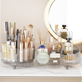 New Rotating Makeup Organizer for Vanity with Brush Holder, Cosmetic Makeup Storage Organizer, Large Capacity Spinning Makeup Skincare Organizer, Countertop Makeup Perfume Lotions Display Case