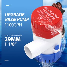AIRTAK 1100GPH 12V Electric Bilge Bump, Low Noise Electric bilge pump ，Submersible Boat Bilge Pump Used For Yachts, RVS, Pools