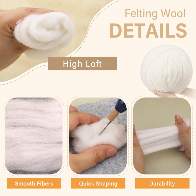 Ramlur White Felting Wool, 454g/1lb Wool Roving, Wool Felting Yarn
