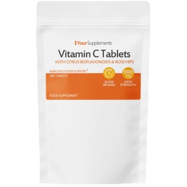 Vitamin C Tablets 1000mg | 360 Slow Release Tablets | with Bioflavonoids & Rose HIPS | Natural Immune Support | One A Day